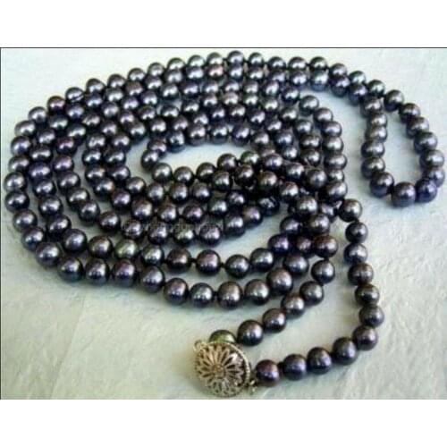 Long 50 inches 7-8mm Natural Black Akoya Cultured Pearl Jewelry Necklace AA