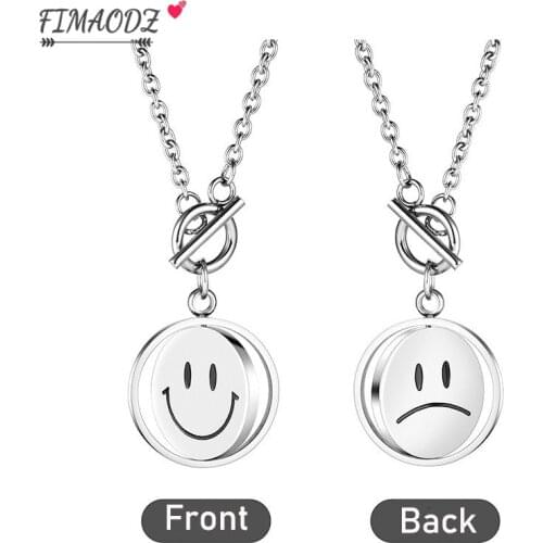 FIMAODZ Double Sided Smile Face Necklace Women Men Long Clavicle Chain Hip Hop Cool Couple Jewelry Gift