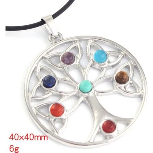 KFT Popular Silver Plated 7 Chakra Stone Beads Healing Balance Round Tree of Life ReiKi Chakra Pendant Fashion Women Men Jewelry