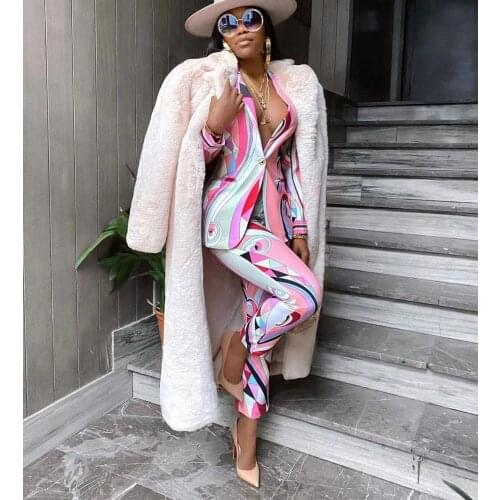 Top Quality Autumn Fashion New Pink Printing Two Piece Set Sexy V Neck Full Sleeve Celebrity Fashion Women Set