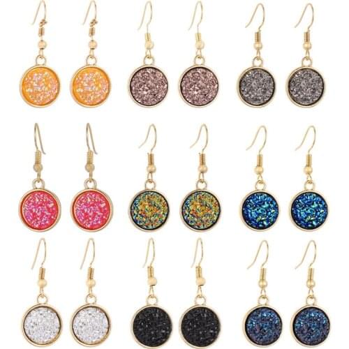Round Resin Druzy Drusy Dangle Earrings Gold Plated Brand Jewelry for Women