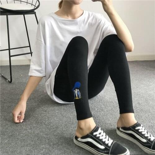 Girl cartoon Donald Duck embroidered leggings womens outer wear cotton high-waist slim-fit nine-point pants Harajuku style
