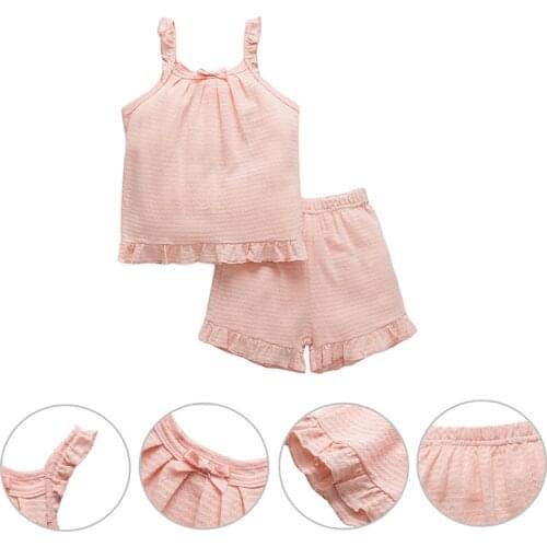 Summer Cotton Baby girl pajamas Suspende sleeveless bow solid sleep 2pcs sling Top + tassel Shorts sleepsuit 2-9Y
