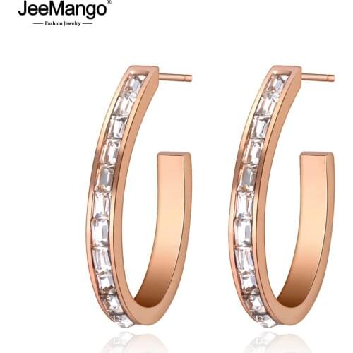JeeMango Trendy Stainless Steel Shining Cubic Zirconia Earrings Jewelry Rose Gold Wedding Anniversary Earrings For Women JE19117