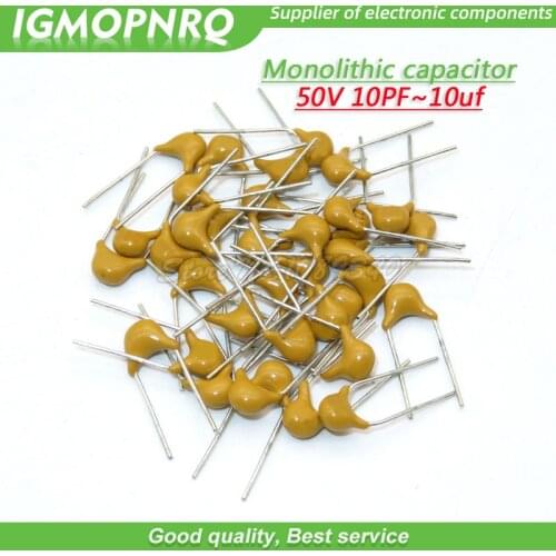 100Pcs 50V monolithic ceramic capacitor 10PF ~ 10UF 22PF 47NF 220NF 1NF 4.7UF 1UF 100NF 330NF 0.1UF 10UF 102 104 105 106 103 331