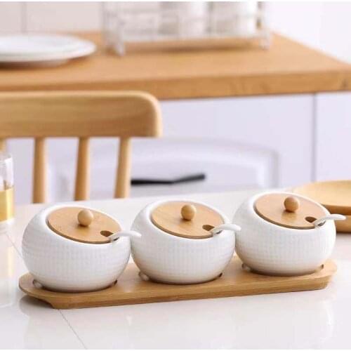 Nordic Ceramic Seasoning Tank Set Storage Jar Wooden Cover Salt Shaker Spice Jar Soy Sauce Salt Sugar Can Kitchen Accessories