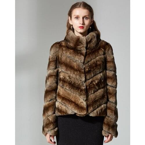 New Short Style Natural Rex Rabbit Fur Coat Jacket Women Stand Collar Winter Classic Striped Outerwear