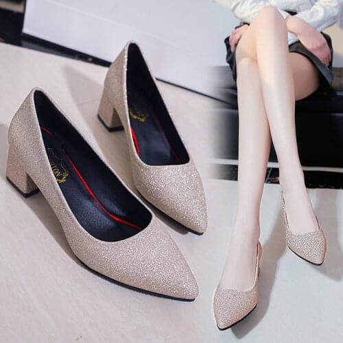 2020 New Women Pumps Black High heels Lady Patent leather Thick with Autumn Pointed Single Shoes Female Sandals Big