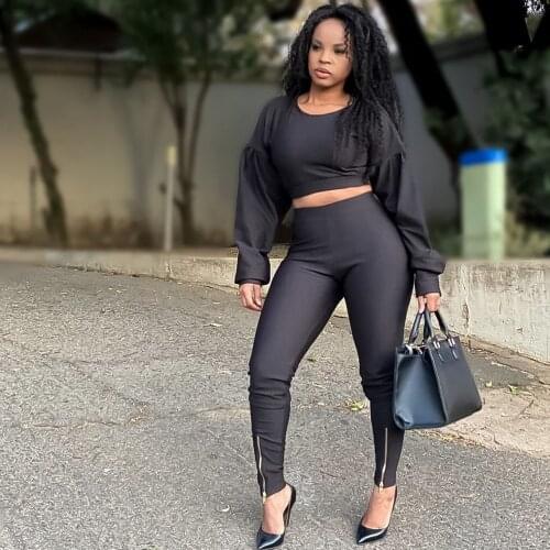 Solid Two Piece Set Women Elegant Festival Clothing Sexy Club Party 2 Piece Outfits Crop Top and Zip Pencil Pants Matching Sets