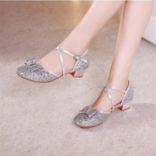 Size 24-40 Girls Shoes Latin Dance Shoes Girls/Ladies Silver Gold Glitters Closed Toes For Party Dancing Shoes Heeled 4cm Dance