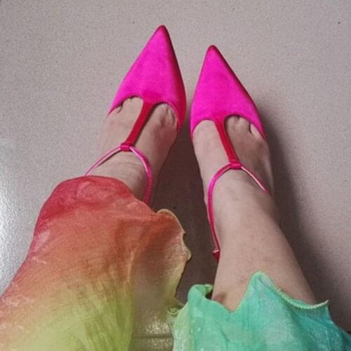 Fuchsia Satin T-strap Pumps Pointed Toe Thin High Heels Women Wedding 10 cm Stiletto heels Stage Single Shoes