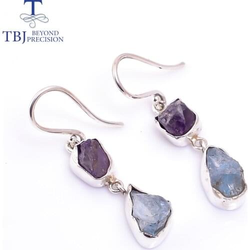 Hook handmade earring with natural amethyst aqua tanzanite mix gemstone earring 925 sterling silver fine jewelry for women tbj