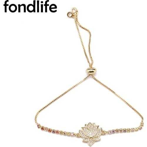 AAA Cubic Zirconia Stones Buddhist Holy Ltus Flower Lucky Charm Bracelet Women Slide Chain Gold-plated Beads Red Rope Jewelry