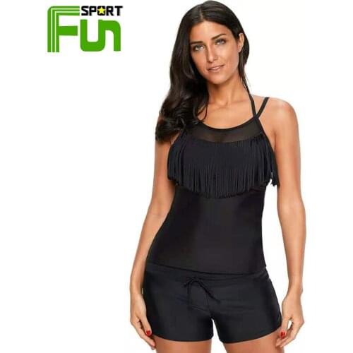 STARFUN 2021 Women Swimsuit Set Push-up Black Conservative Summer Beach Swimwear Top+shorts Bikini Tassels Look Thin Size S-3XL