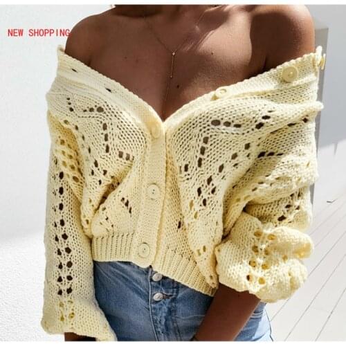 Fashion Blue Hollow Out Womens Cardigans Autumn Winter Round Neck Button Up Knitted Sweaters Ladies Casual Knitwear