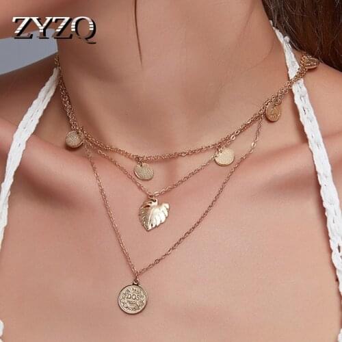 ZYZQ Retro Leaf Portrait Currency Pendant Necklace For Women Personality Long Multi Layer Chain Necklace Fashion Jewelry