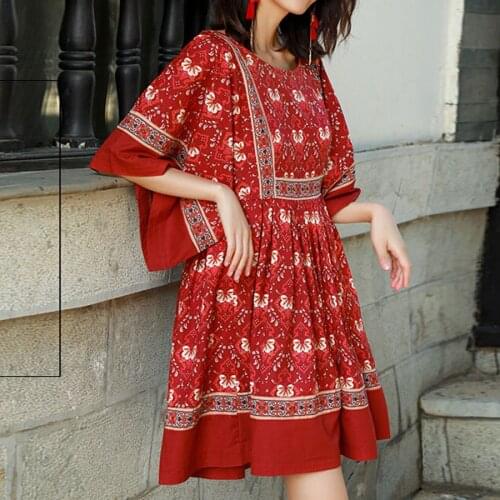 AYUALIN oversize tunic robe mini dress women vintage cotton red floral print o-neck loose Boho summer dresses Bohemian vestidos