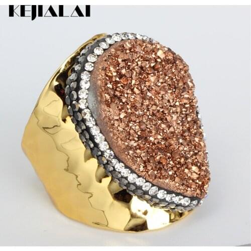 2020 Waterdrop Tear Peach Pink Rough Raw Druzy Mineral Semi Precious Stone Pure Gold Color Hammered Women Open Ring Cuff Gift