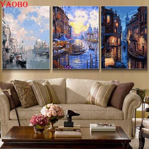 3 PCS Square/round Diamond Embroidery Venice Water Town Pictures Mosaic Diamond Cross Stitch diy 5D Diamond Painting Rhinestones