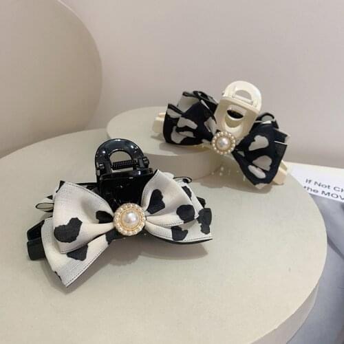Korean Hair Accessories Gentle Sweet Loving Heart Polka Dot Bow Pearl Hair Bun Grip Large Shark Clip Girls' Hairpin