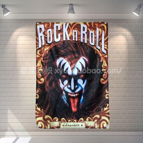 KISS ROCK N ROOL Music Band Banners Wall Flags Hanging Painting Tapestry Cloth Art Bar Cafe Hotel Theme Background Decor