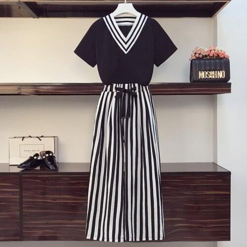 Large size womens Striped clothing Fashion V-neck Sweatshirt suit Casual suit Short sleeve set summer women two piece set 2021