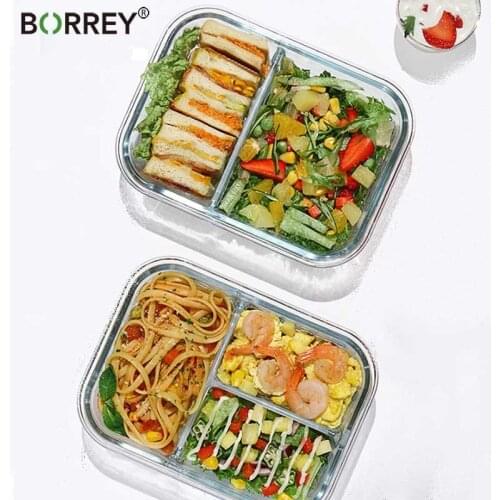BORREY 1000Ml Glass Bento Lunch Box For Kids Compartment Microwave Lunch Box Leakproof Food Container Storage Portable Lunch Box