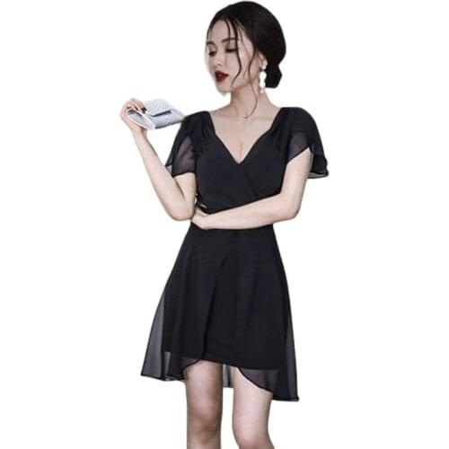 Black lace A line Dress one piece korean ladies Summer V neck ruffle Sexy cabaret mini Party Dresses for women