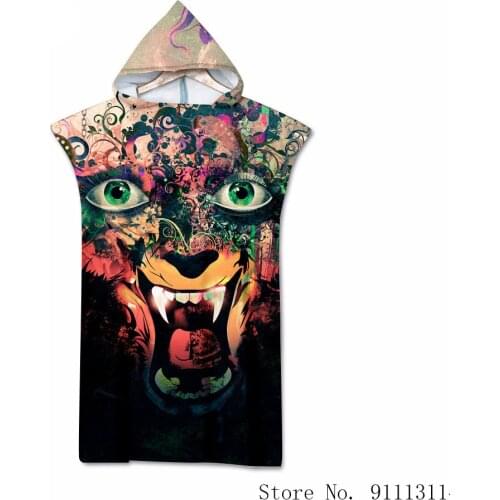3D Double-sided Print Color Tiger Wolf Bath Towel Outdoor Adult Beach Hooded Portable Water Absorption Robe for Men and Women