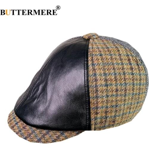 BUTTERMERE Newsboy Ivy Cap Men Women Wool Tweed Flat Caps Driver Pu Patchwork Herringbone Plaid Cabbies Glof Hat Beret Boina