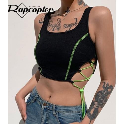 Rapcopter Tie up Crop Tops Y2K Spilt Side Tank Tops O Neck Short Top Sleeveless Women Streetwear Casual Fashion Tops Summer 2020