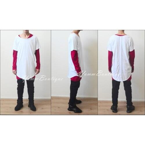 Mens Cotton Short Sleeve Wide Neck Raw Edges Lengthen Extended Oval Tee back Contrast Tshirt