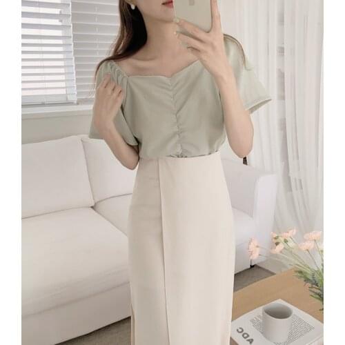 New Girls Summer Blouse Women Suit Shirt Short Sleeves Tops High Waist Long Solid A Line Skirts Two Piece Suits Sell Separately