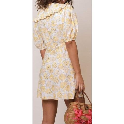 2021 Summer New Ladies Retro Style V-neck Printed High-waist Short-sleeved Dress