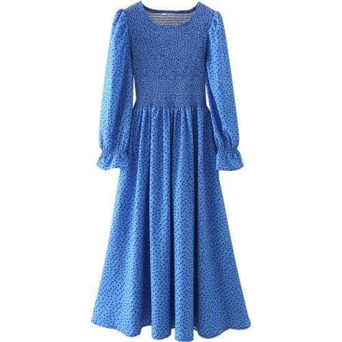 New Women Vintage Smocked Dress Elastic Bust O-neck Long Puff Sleeves Casual Midi Dresses Woman Robe