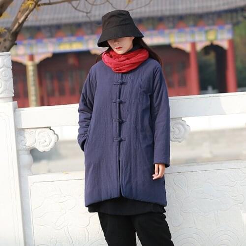 2018 Winter New Womens Wear Chinese Retro Vertical Collar Coat Button Cotton padded Clothing Thickened Medium-length parkas