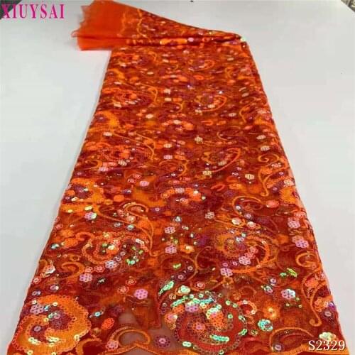 Orange African Lace Fabric 2021 High Quality Sequin Lace Fabric Material Nigerian Lace Fabrics For Garment Sewing