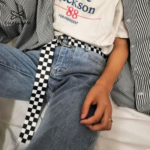 Women Canvas Plaid Belt Female Checkerboard Belt Casual Waist Black White Checkered Double D Ring Buckle Long Belts 357