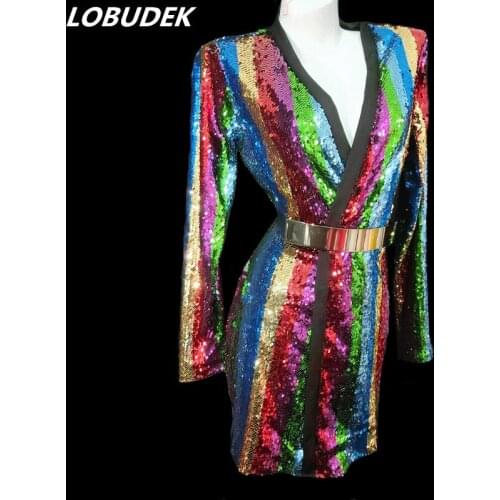 Sexy V-neck Bright Colorful Striped Sequined Cardigan Dress Nightclub Bar Concert Female Singer Stage One Piece Dress Costume
