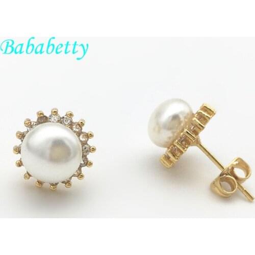 New 18KGP Freshwater real pearl genuine Inlay CZ Fashion Jewelry Gift Stud Earring