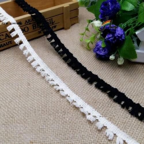 10Yards/Lot Vintage 100% cotton Beige Black fringe trim with cute tassels 0.8cm width tape 1cm length tassels