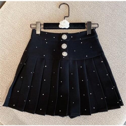 High Waist Rhinestone Pleated Suit Skirt for Women 2021 Spring New Ladies Slim Fit All-Match Skirts White Black Girls Student