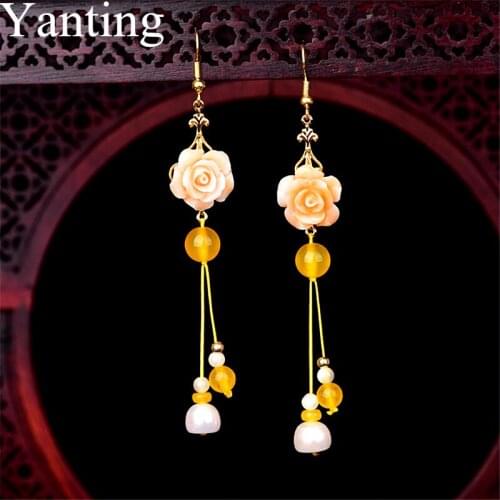 Yanting Ethnic Long Earrings For Women Handmade Earring Hanging Resin Flower Freshwater Pearl Dangle Earrings Female Gifts 0455