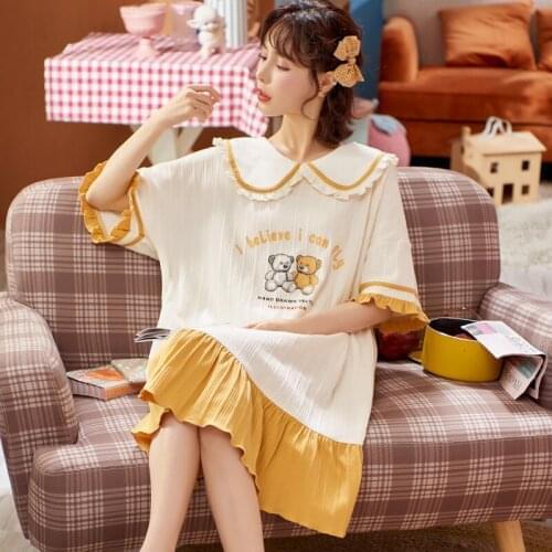 "M-4XL" Womens Homedress Knee-Length Nightdress Plus Size Nightgowns Girls Sleepwear Cotton Sleepshirts Loose Home Clothing