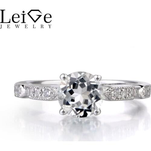 Leige Jewelry Natural White Topaz Ring Round Cut Promise Engagement Sterling Sliver Rings For Woman November Birthstone