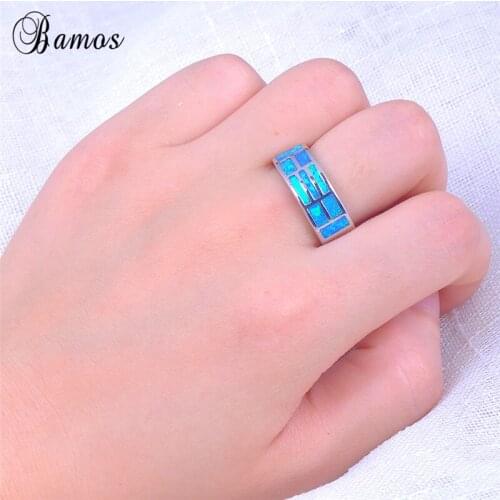 Bamos Brand Female Blue Fire Opal Ring High Quality Silver Color Fashion Jewelry Vintage Wedding Rings For Women
