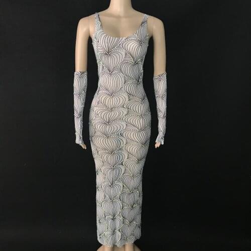AB Color Rhinestone Heart Pattern Gloves Dress Birthday Stage Transparent Outfit Women Dance Sleeveless Long Dress