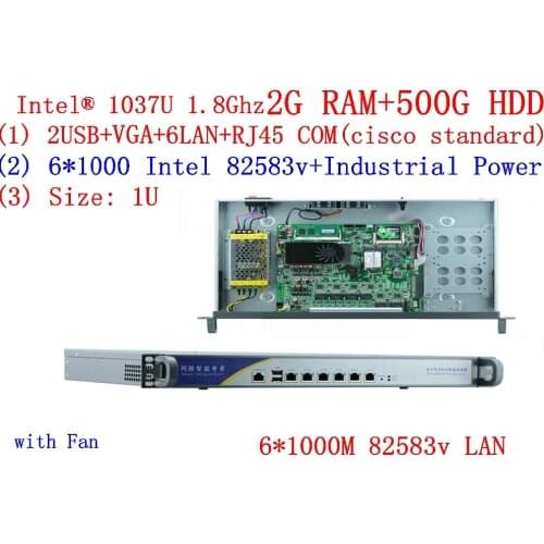 1U network server with 6*1000M inte 82583v lan Celeron C1037U CPU support ROS Mikrotik PFSense Panabit Wayos 2G RAM 500G HDD