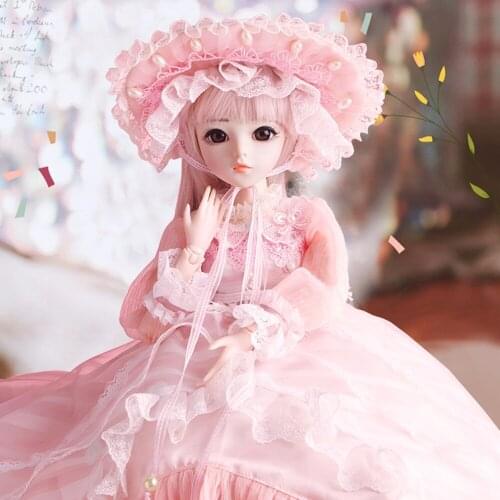 BJD 1/3 Girl Dolls 60cm With Clothes Wigs Shoes Makeup 100% Handmade Beauty Toys Silicone Reborn Babies Dolls in Pink Dress