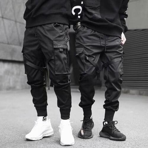 Men Cargo Pants Black Ribbons Block Multi-Pocket Harem Joggers Harajuku Sweatpant Hip Hop Casual Harem Tide Male Trousers